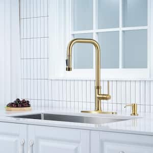 Single-Handle Pull Down Sprayer Kitchen Faucet with Soap Dispenser and Deck Plate in Gold