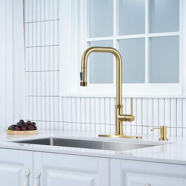 Brass Single Handle Pull Down Sprayer Kitchen Faucet with 2-Mode Advanced Spray and Soap Dispenser in Gold