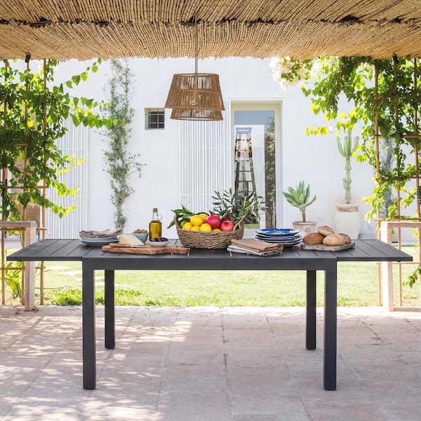 Black Aluminum Rectangular Outdoor Dining Table with Extendable Top, Powder-Coated Frame, Adjustable Feet