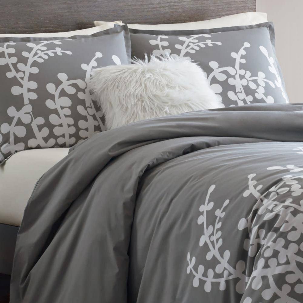 Twin Gray Cotton Branch Pattern Duvet Cover Set