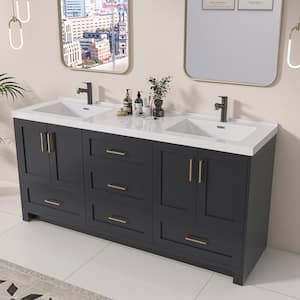 72 in. W x 22 in. D x 36 in. H Bathroom Vanity Double Sink Bath Vanity Cabinet in Dark Gray with White Solid Resin Top