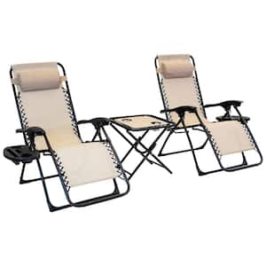 3-Piece Zero Gravity Taupe Metal lawn Chair Set - 2 Chairs with Cupholders and Table