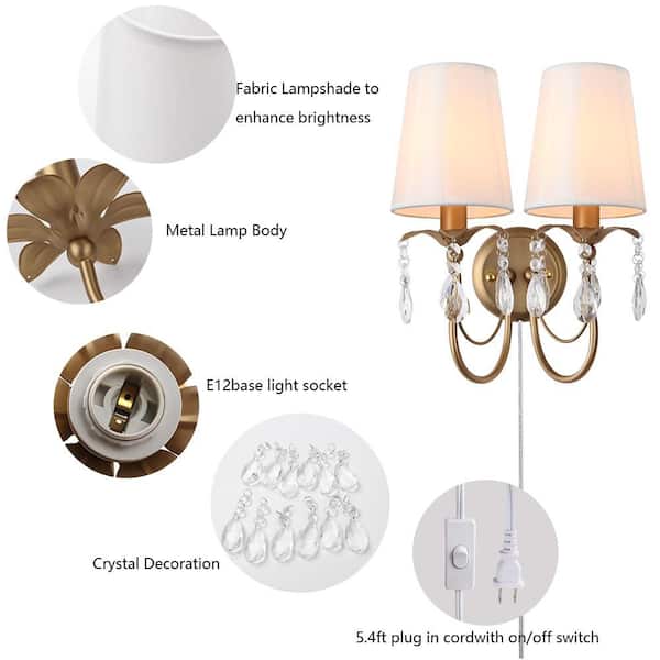 Luxurious Indoor 10.2 In. Classic 2 light Gold Crystal Plug-in Wall Sconces with White Fabric Shade Wall-Mount Light