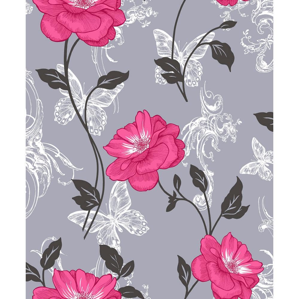 Fine Decor Millie Pink Floral Wallpaper Sample, Grey