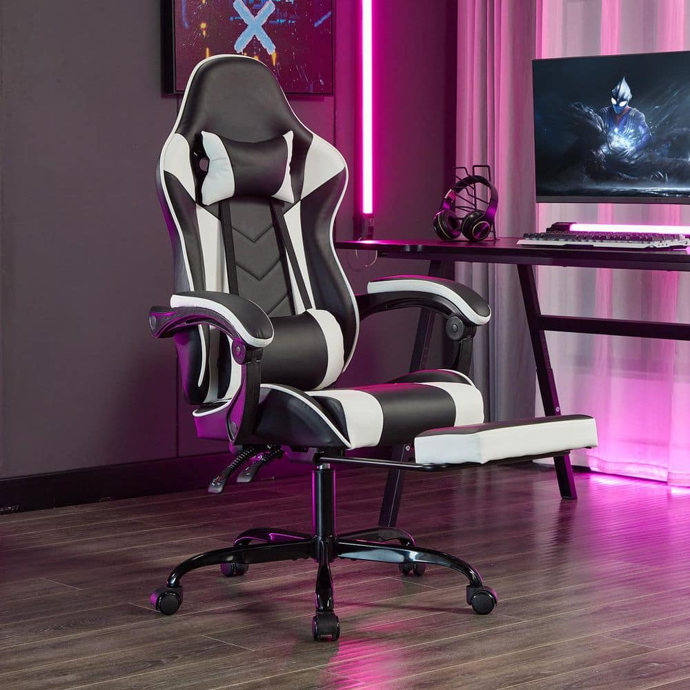 Adjustable Gaming Leather Task Chair with Headrest and Lumbar Support in Black