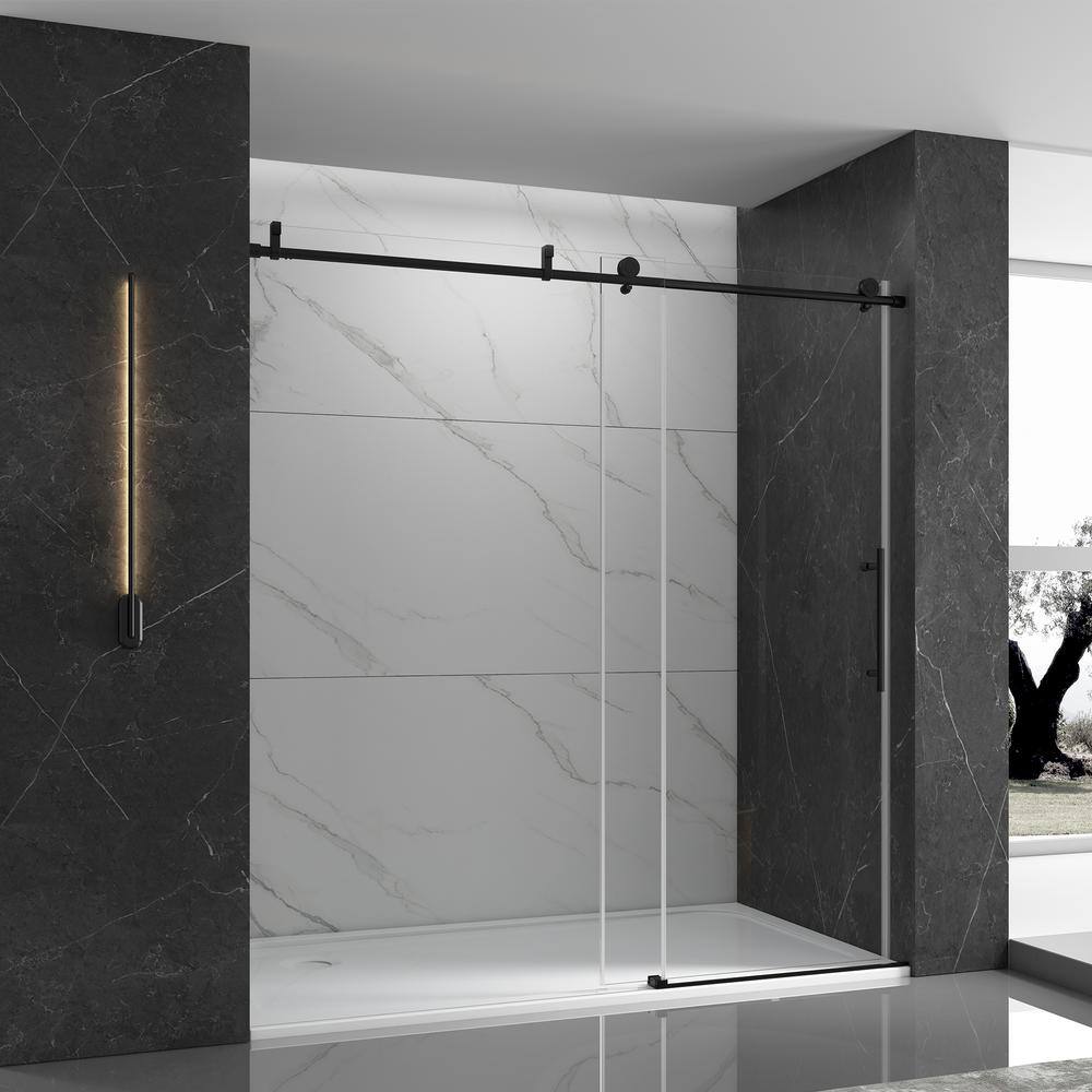 60 in. W x 76 in. H Single Sliding Frameless Shower Door in Matte Black Fin
