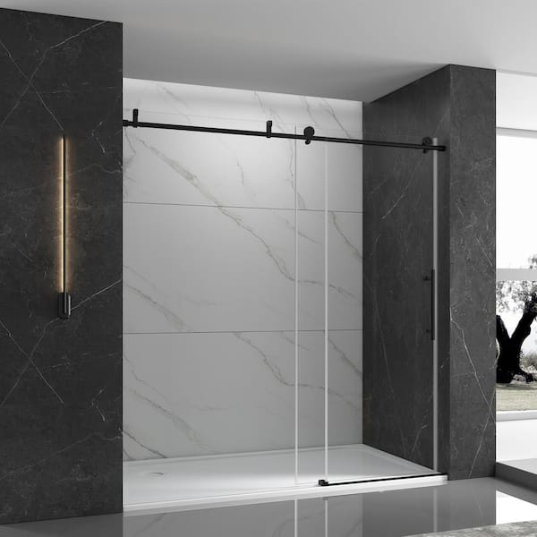 EPOWP 60 in. W x 76 in. H Single Sliding Frameless Shower Door in Matte Black Finish with Clear Glass