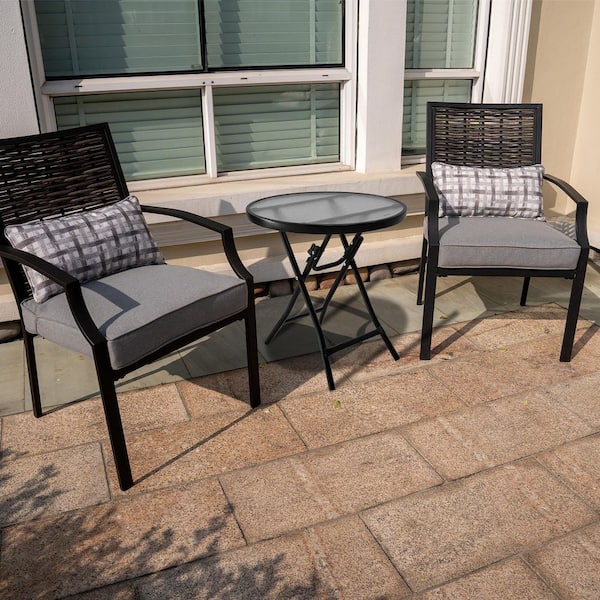 GARSING Black Rattan Metal Outdoor Dining Chair with Gray Cushions （2-Pack）