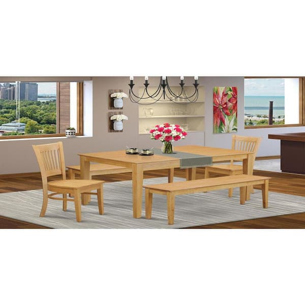 East West Furniture 5-Piece Rectangle Natural Oak Finish Solid Wood Top Dining Table with 2 Benches, 2 Chairs with Lattice Back