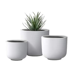 Round Pure White Lightweight Concrete & Fiberglass Indoor Outdoor Weather Resistant Planter w/Drainage Holes (Set of 3)