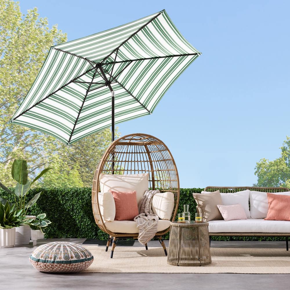 10ft Striped Green Polyester Market Patio Umbrella with Black Metal Pole