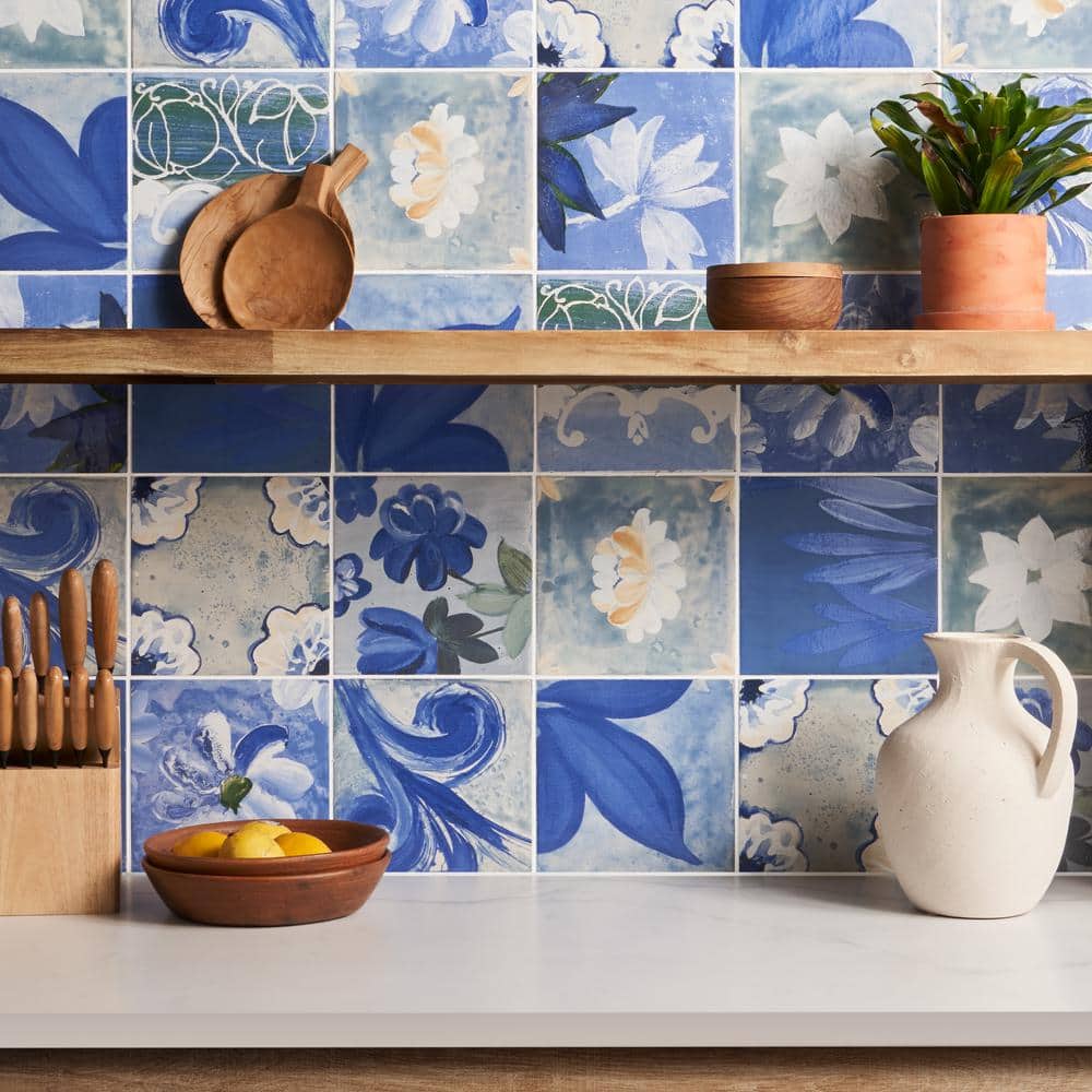 Angela Harris Blue and White Floral Porcelain Wall Tile