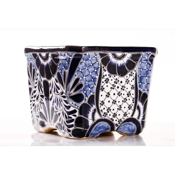 Talavera 10.5 in. W x 9.5 in. H Blue and White Indoor Ceramic Medium Square Planter
