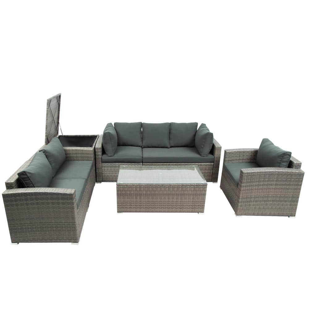 Elegant 7-piece Wicker Patio Conversation Set With Gray Cushions Al 