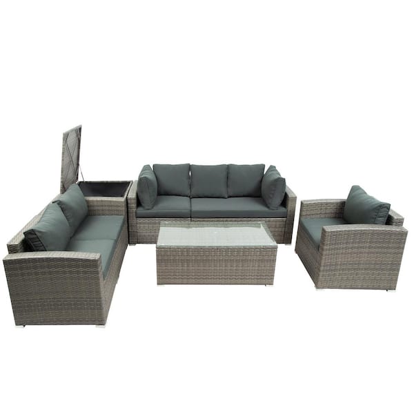 Willit Gray 7-Piece Wicker Metal Fabric Outdoor Sectional Set with Gray Cushions