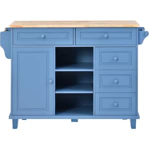 Blue Kitchen Cart with Rubber Wood Top, Mobile Kitchen Island with Storage and 5 Drawers