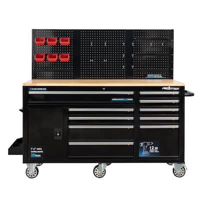 62 in. 10-Drawer Black Tool Chest Cabinet with Pegboard Back Wall, Heavy-Duty Mobile Workbench