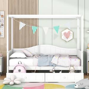 White Wood Frame Twin Size Canopy Bed, Daybed with 2-Drawer