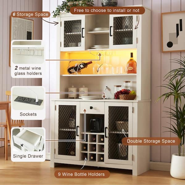 FUNKOL 41.73 in. x 15.75 in. x 70.87 in. White MDF Kitchen Storage Cabinet with LED Outlet, Wine Rack and 4-Doors