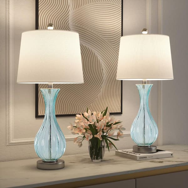 25.5 in. Blue Coastal Glass Bedroom Living Room Bedside Desk Nightstand Table Lamps (Set of 2)