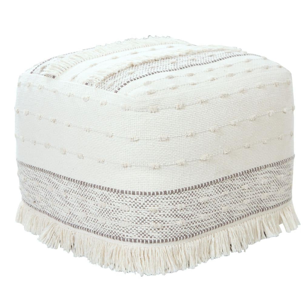 Textured Ivory / Beige Cotton Farmhouse Chic Shag Pouf Ottoman