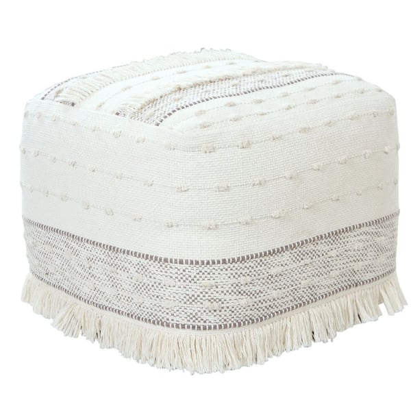 Unbranded Textured Ivory / Beige Cotton Farmhouse Chic Shag Pouf Ottoman