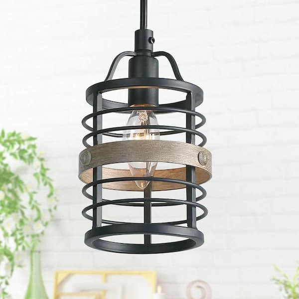 LNC Akari 5 in. Black Industrial Open Cage Pendant 1-Light Rustic Farmhouse Drum Mini Hanging Light with Faux Wood Accent