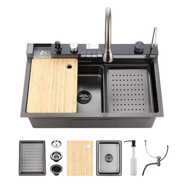 30 in. Drop-In Black Stainless Steel Smart Workstation Kitchen Sink with Single Bowl, Faucet and Accessories