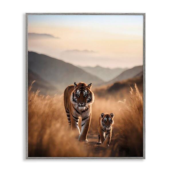 Tiger and Cub on Savanna by Noah Bay Gray Framed Animal Giclee Art Print 20 in. x 16 in.
