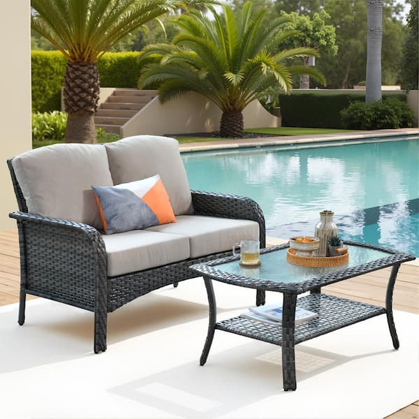 Gray Wicker 2-Piece Outdoor Loveseat Patio Loveseat Set with Beige Cushions and Glass Coffee Table for Small Space