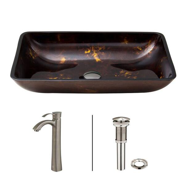 VIGO Rectangular Glass Vessel Bathroom Sink in Brown and Gold Fusion with Otis Faucet Set in Brushed Nickel