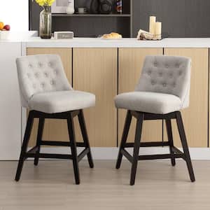 29 in. Grey Fabric Upholstered Counter Height Swivel Bar Stool with Tufted Backrest and Wood Frame (Set of 2)