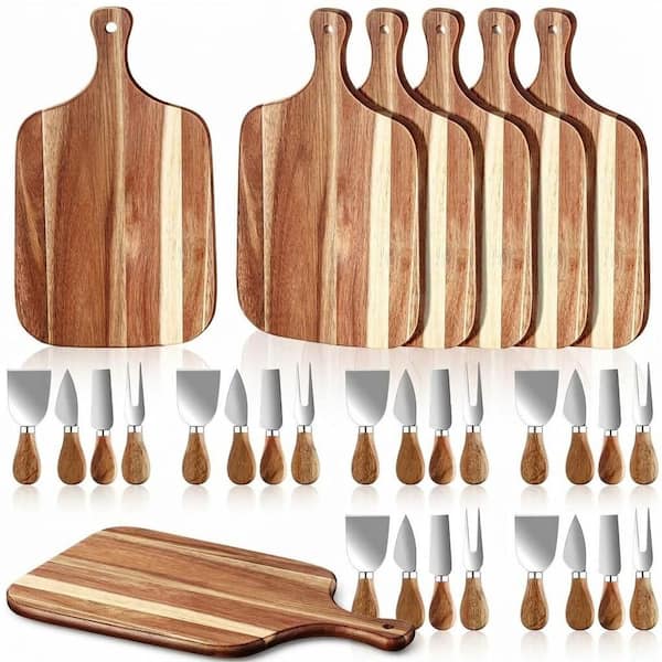 6-Set Acacia Wood Cutting and Cheese Board with Handle and 6 Cheese Knives 15.78 x 9.84 in. Modern Style