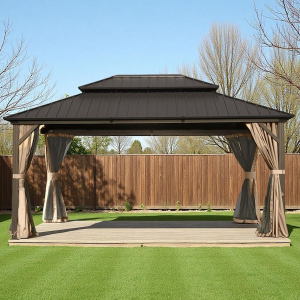 12 ft. x 14 ft. Bronze Brown Hardtop Gazebo, Aluminum Metal w/ Galvanized Steel Double Roof Canopy, Curtain and Netting