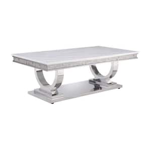 27 in. White and Silver Rectangle Marble Top Coffee Table