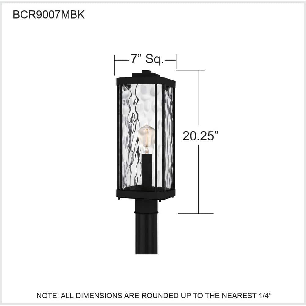 Matte Black Steel Outdoor Post Lantern with Clear Hammered Glass