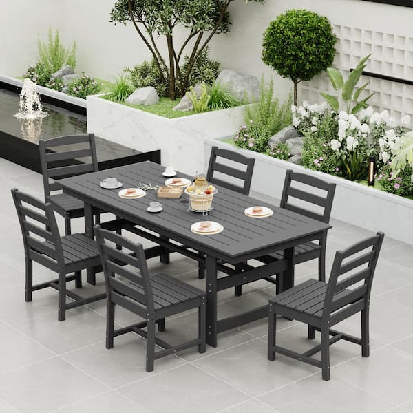 71 in. Outdoor Patio Dining Table Umbrella Hole, HDPE Rectangle Table Standard Height in Gray for Lawn Garden Backyard