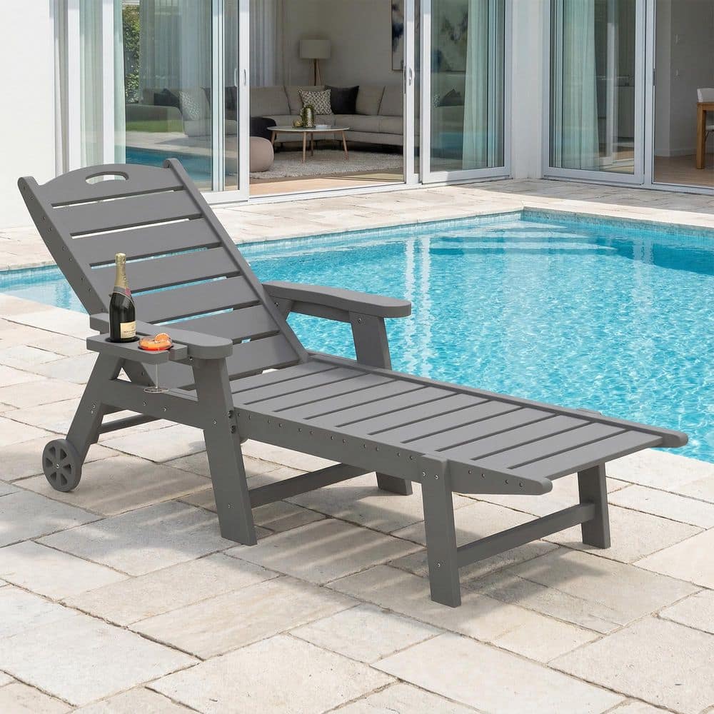 Gray HDPE 5-Position Adjustable Outdoor Patio Chaise Lounge Recliner with Cup Holder for Pool Beach Deck Yard(Set of 1) price history on PriceWatchPro