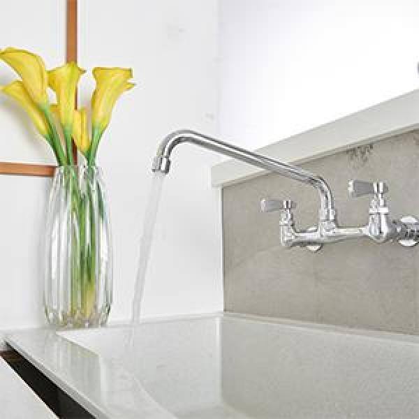 Polished Chrome Double Handle Wall Mount Kitchen Faucet with 12 Inch Swivel Spout