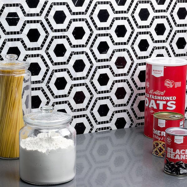 Kosmos Black and Asian Statuary Hexagon 11-3/4 in. x 11-3/4 in. x 10 mm Polished Marble Mosaic Tile