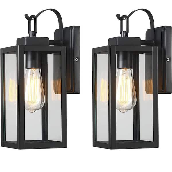 1-Light Matte Black Modern Hardwired Outdoor Wall Lantern Sconce (2-Pack)