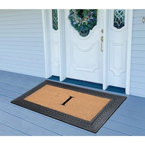 A1HC Square Geometric Black/Beige 24 in. x 39 in. Rubber and Coir Heavy Duty Easy to Clean Monogrammed I Door Mat