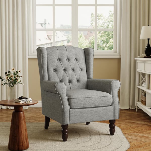 Modern Light Gray Linen Upholstered Button High Back Accent Arm Chair with Wood Legs (Set of 1)