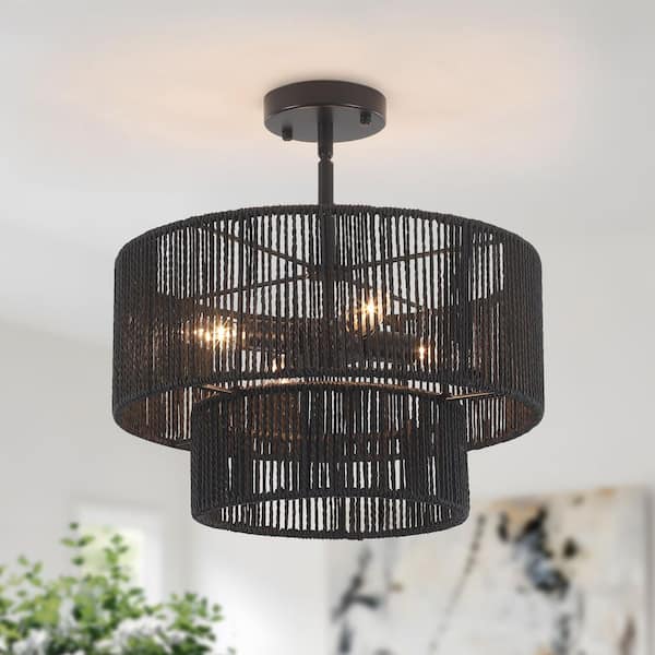 16 in. Boho 4-Light Black Semi-Flush Mount Ceiling Light with Natural Rope Double Drum Shade for Bedroom or Hallway