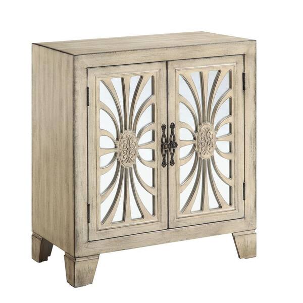 Benjara 15 in. White Rectangle Wood Top Console Table with 2Doors and Floral Motif BM251335