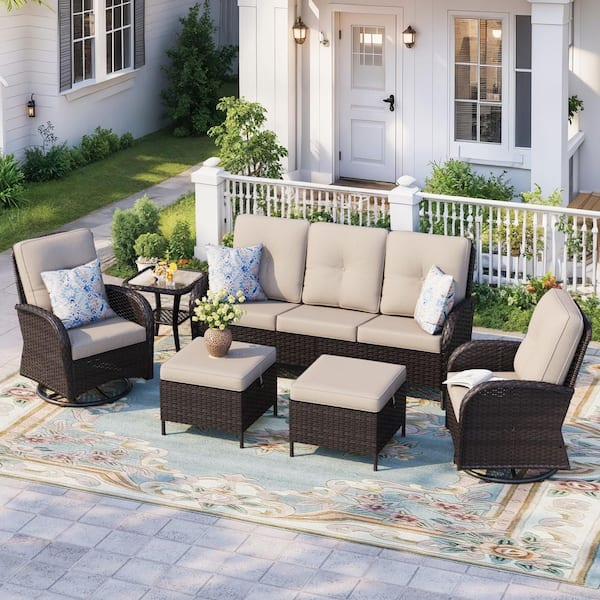 6-Piece Dark Brown Wicker Patio Conversation Set Outdoor Sofa Set with Beige Cushions