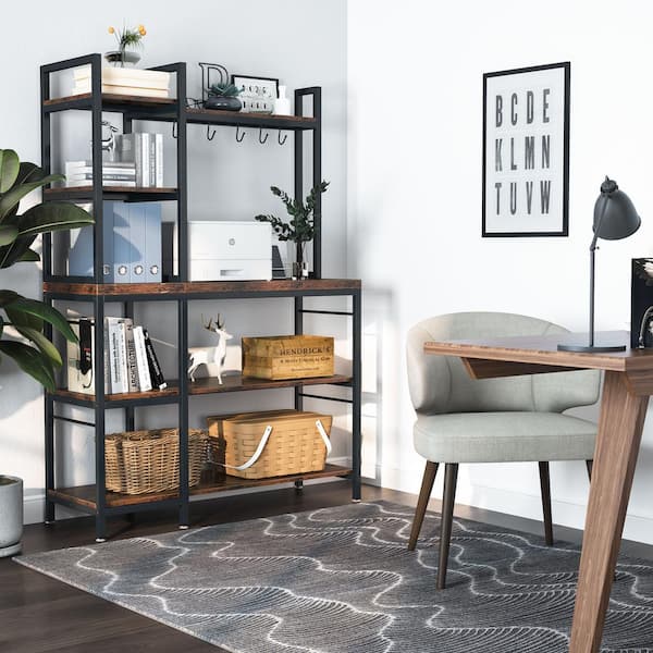 Bachel Rustic Brown 5-Tier Kitchen Bakers Racks with Hooks and Hutch, Balcony Plant Stand, Office Display Organization.