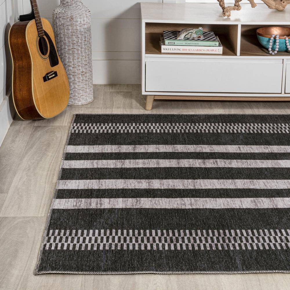 Ivory and Black Striped Synthetic Washable Area Rug