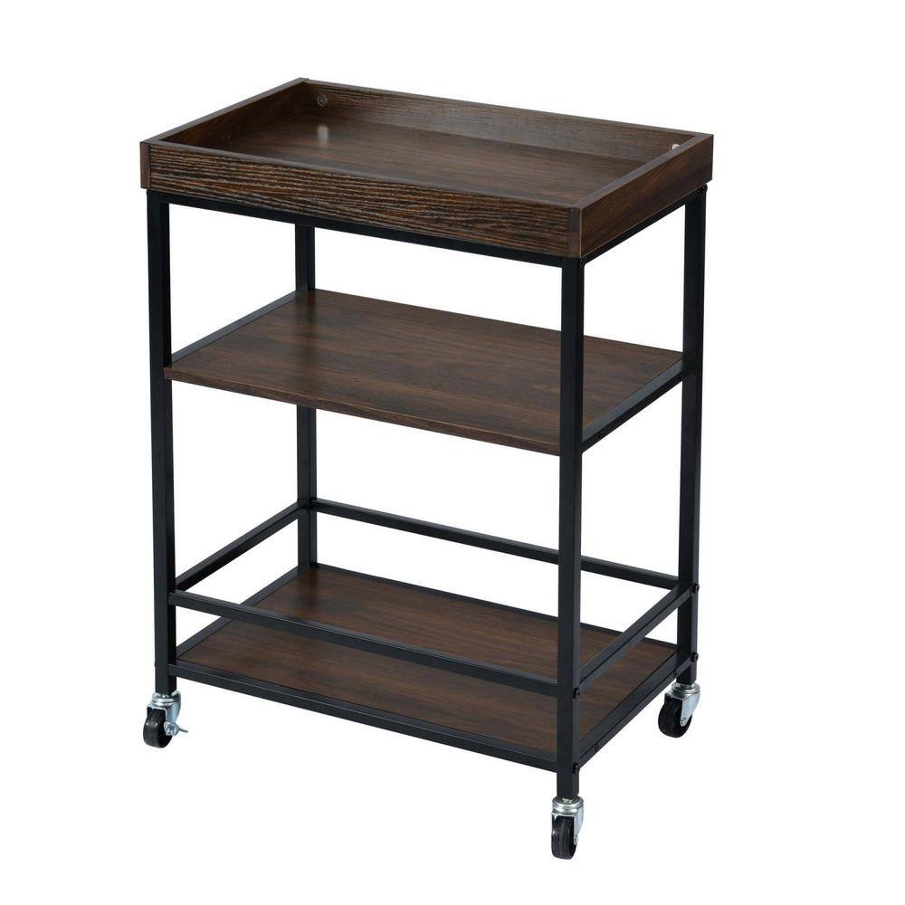 Walnut and Black Rolling Kitchen Cart Serving Cart with Storage