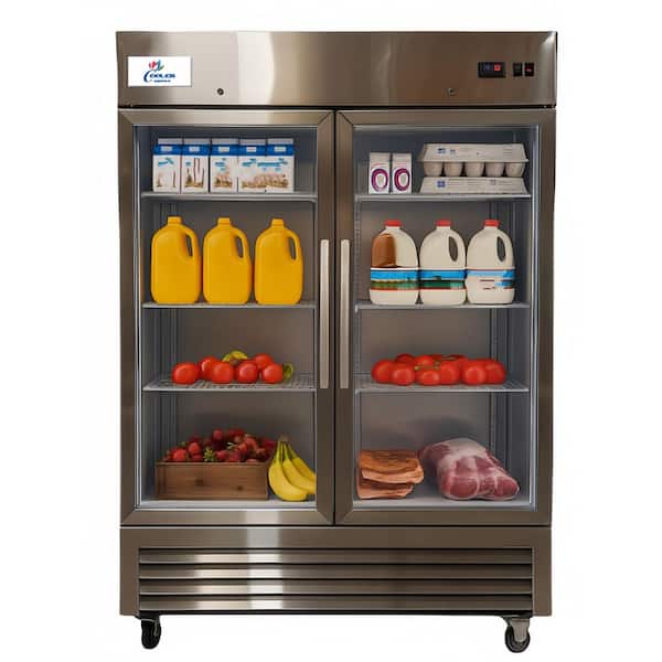 54 in. W 47 cu.ft Two Glass Door Refrigerator Display Reach-In Upright Commercial Merchandiser in Stainless Steel